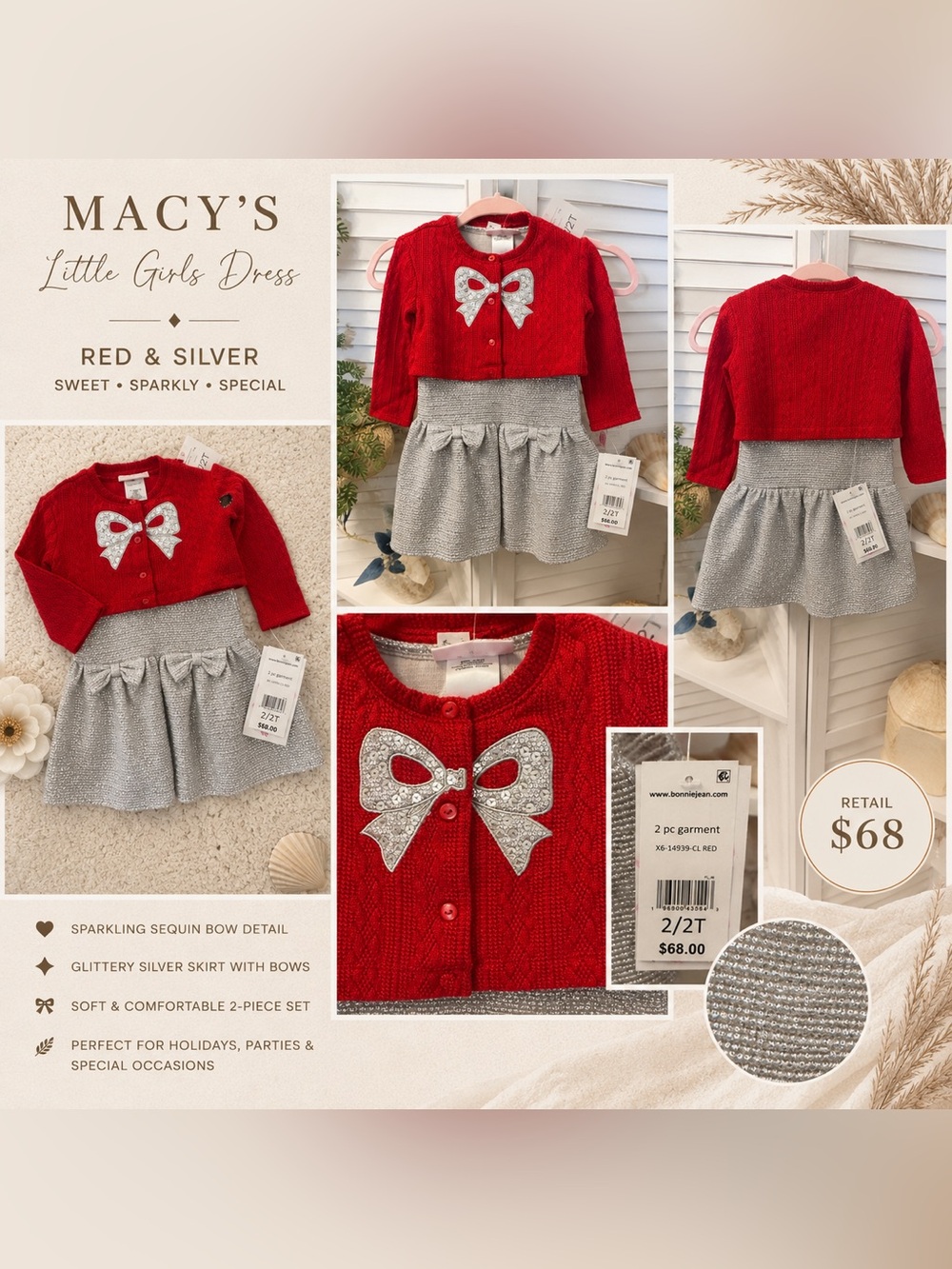 Macy's Red Knit Cardigan & Silver Glitter Dress Set